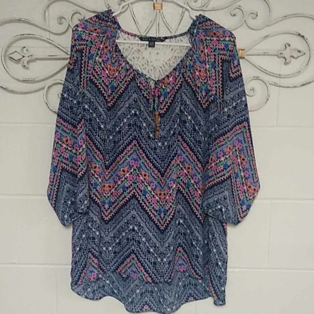 BOHO NAVY PRINT TUNIC BLOUSE LACE BACK DETAIL, BEADED TIE NECKLINE